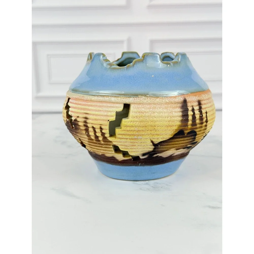 VTG Pottery Barn Blue Brown Glazed Native American Pot Planter 5
